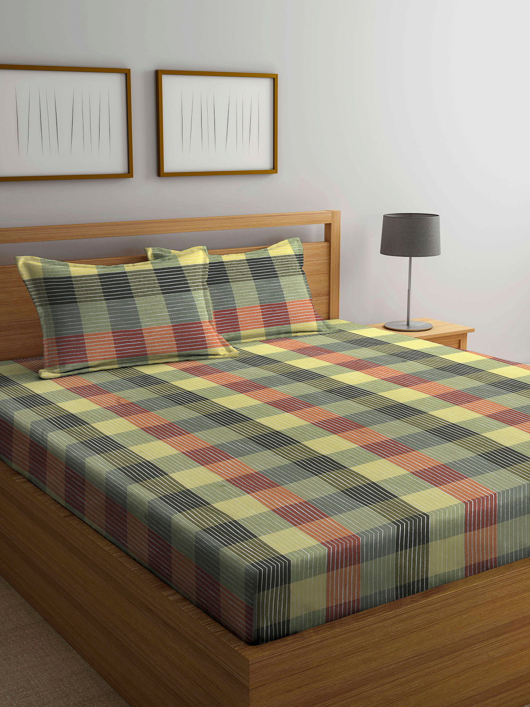 Arrabi Multi Checks Handwoven Cotton Super King Size Bedsheet with 2 Pillow Covers (270 X 270 cm)