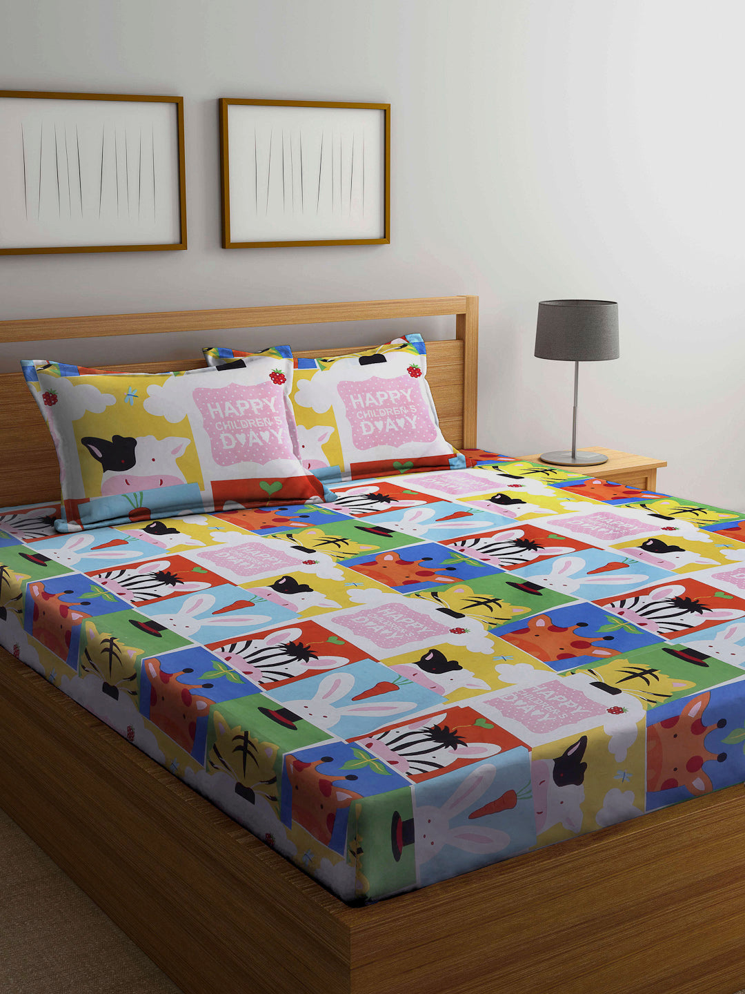 Arrabi Multi Cartoon TC Cotton Blend Double Size Bedsheet with 2 Pillow Cover