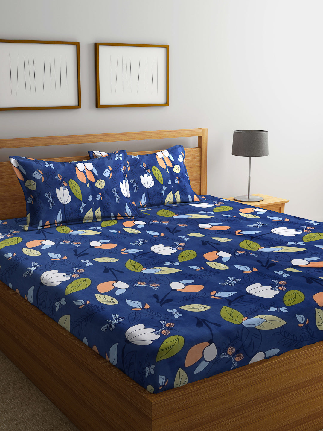 Arrabi Blue Leaf TC Cotton Blend Super King Size Bedsheet with 2 Pillow Covers (270 X 260 cm)