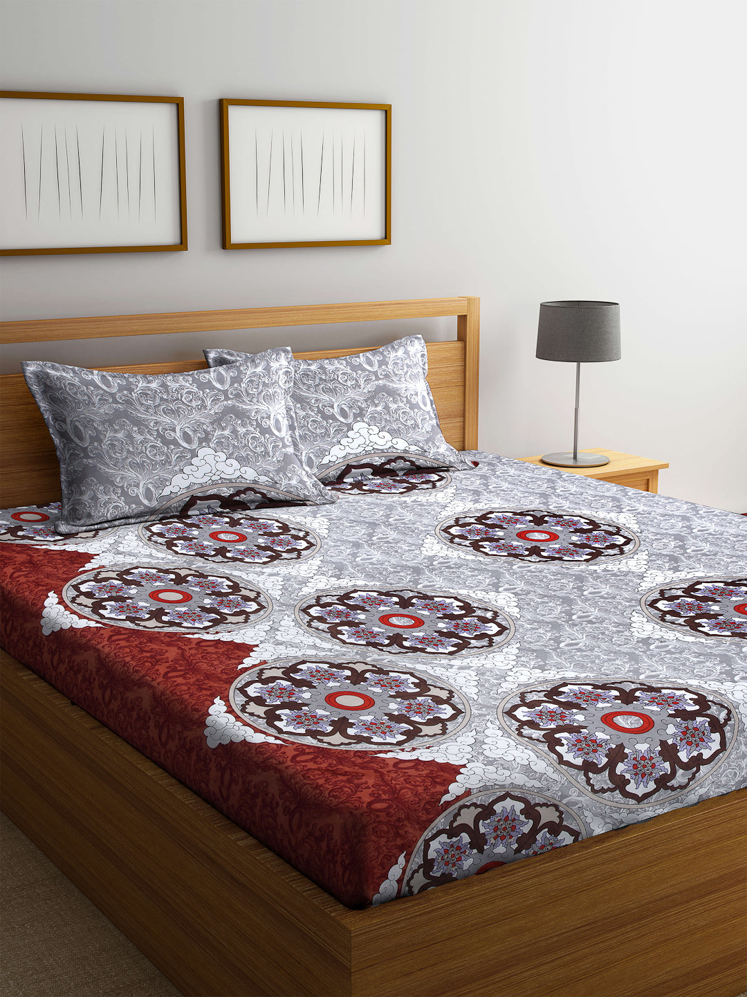 Arrabi Grey Indian TC Cotton Blend Double Size Bedsheet with 2 Pillow Cover
