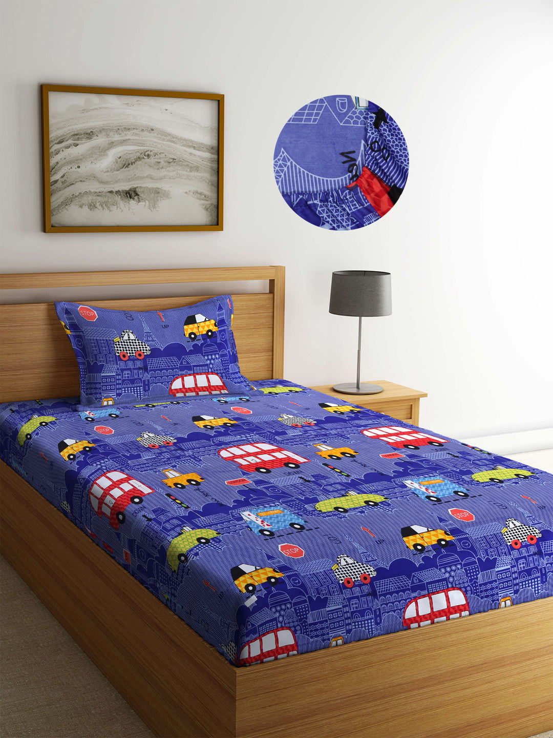 Arrabi Blue Geometric TC Cotton Blend Single Size Fitted Bedsheet with 1 Pillow Cover (220 X 150 cm)