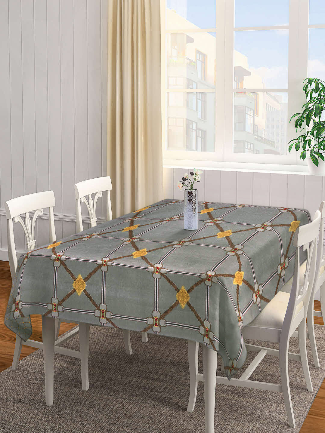 Arrabi Grey Geometric TC Polycotton 6 Seater Table Cover (180 x 130 cm)