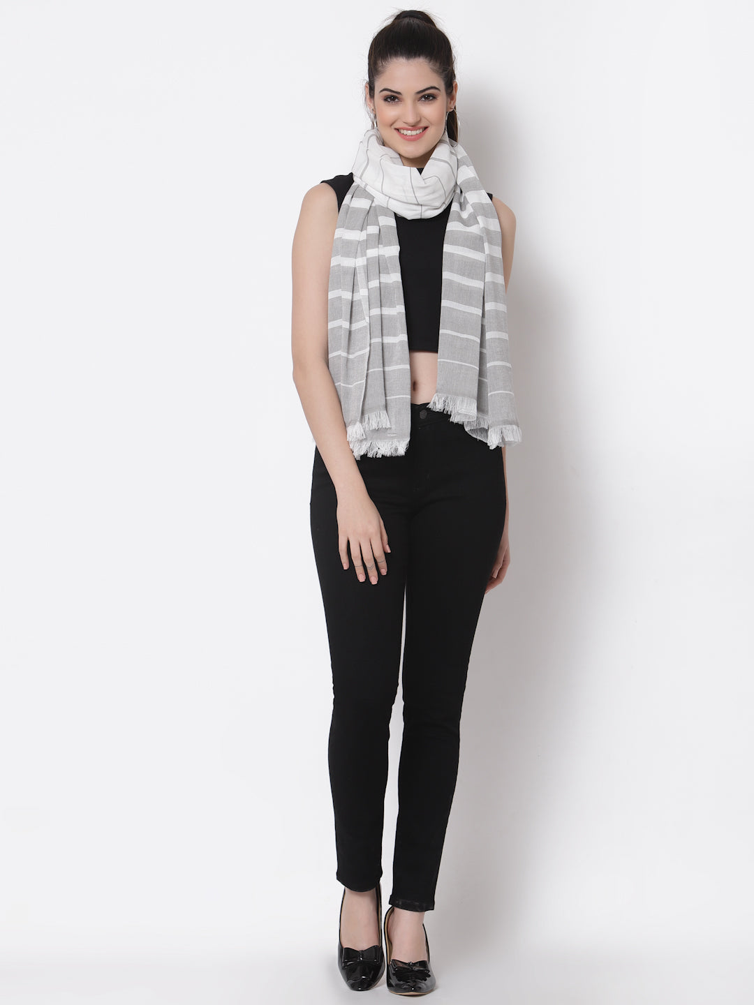 Arrabi Grey Stripes Handwoven Cotton Full Size Stole (185 x 85 cm)