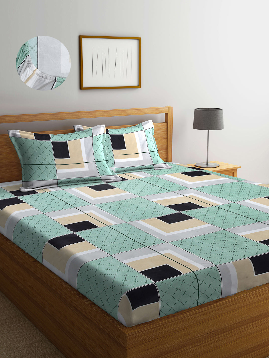 Arrabi Green Graphic TC Cotton Blend King Size Fitted Bedsheet with 2 Pillow Covers (250 X 215 Cm )