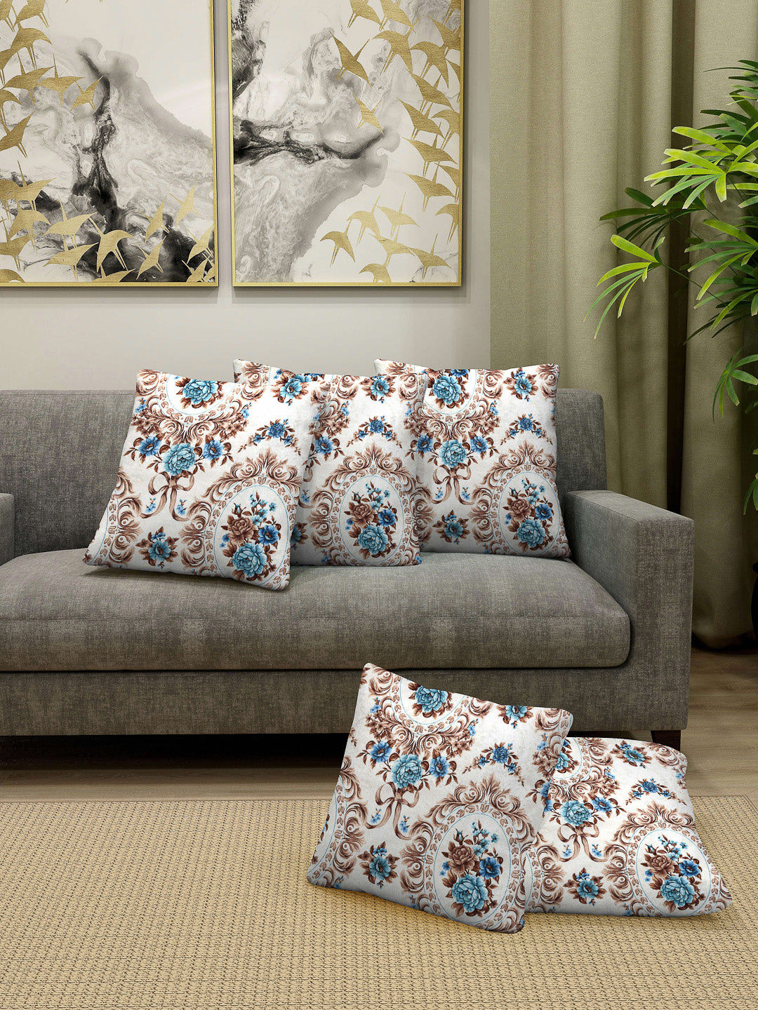 Arrabi Blue Floral TC Chenille Cotton Blend Cushion Covers (Pack of 5) (40 x 40 cm)