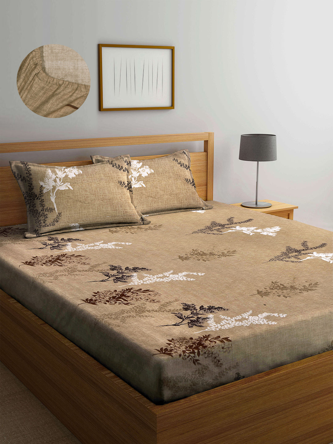 Arrabi Brown Floral TC Cotton Blend King Size Fitted Bedsheet with 2 Pillow Covers (250 X 220 cm)