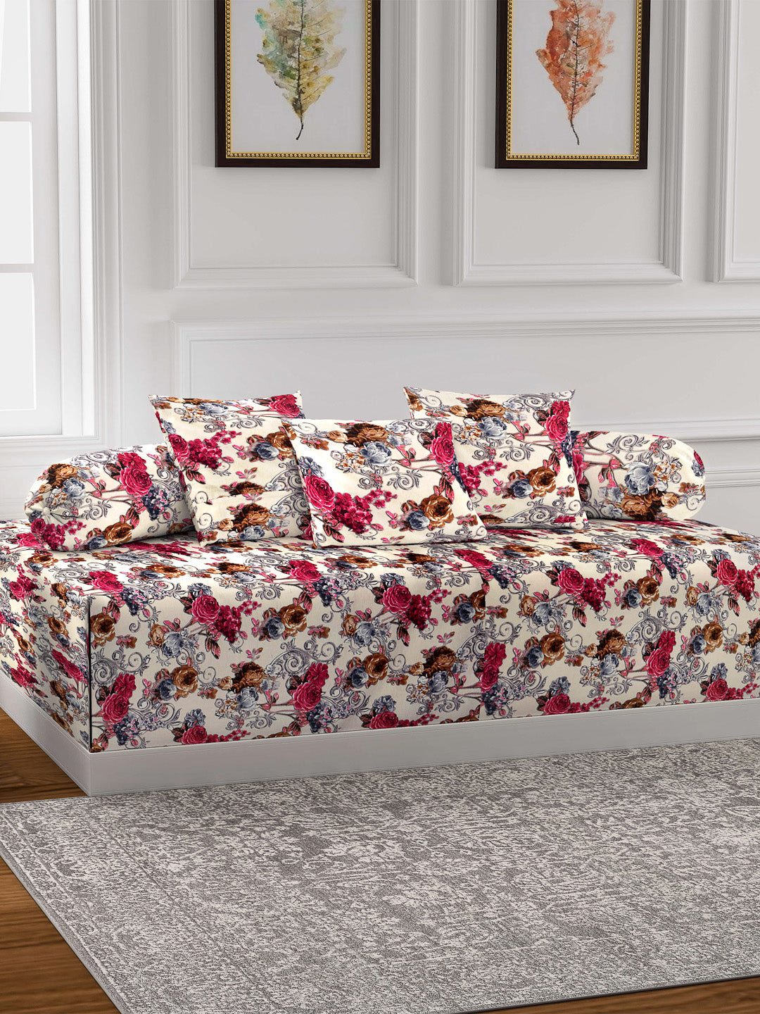 Arrabi Cream Set of 6 Floral Handwoven Chenille Diwan Set (225 x150 cm)