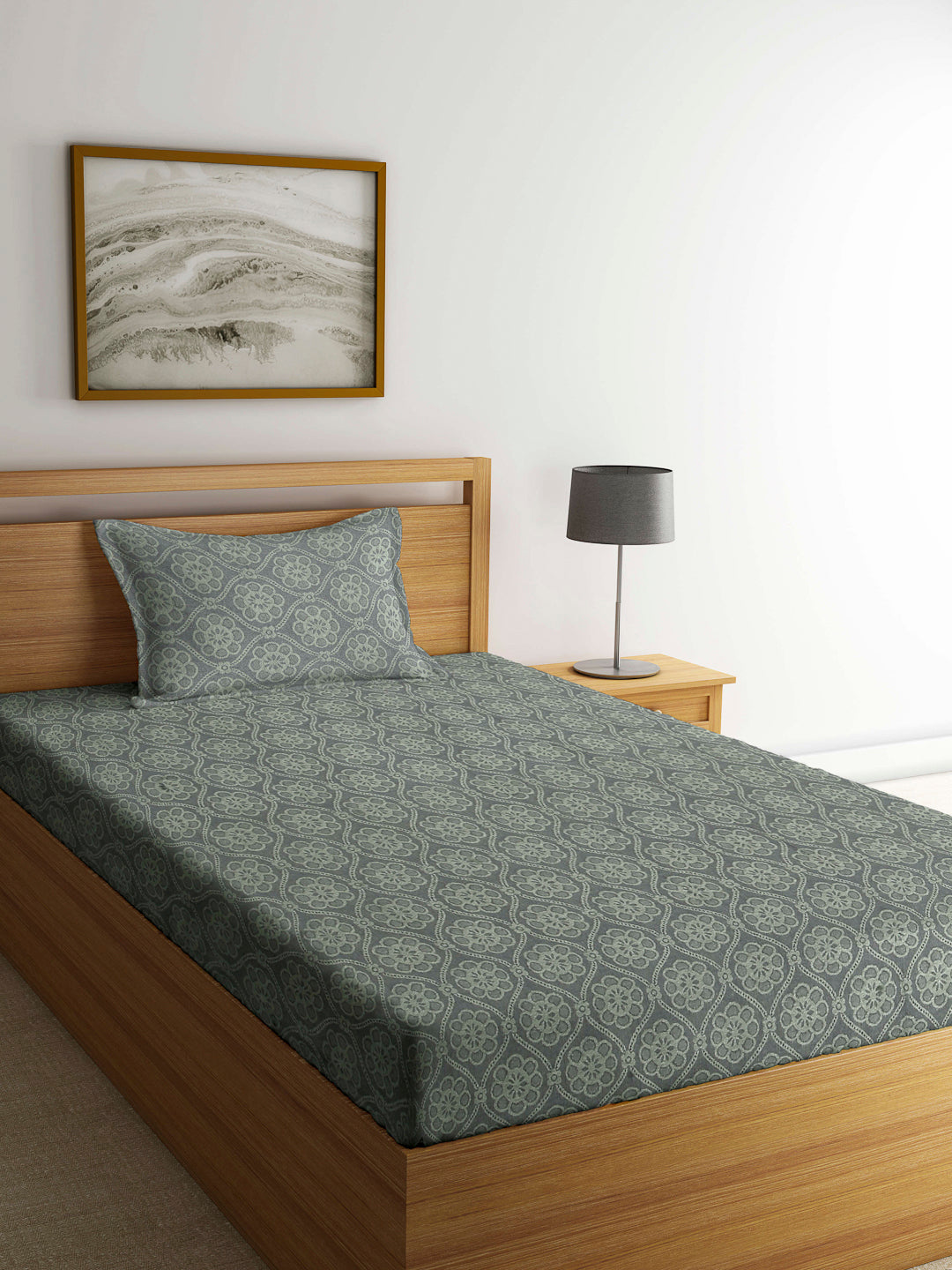 Arrabi Grey Floral Handwoven Cotton Single Size Bedsheet with 1 Pillow Cover (230 X 150 cm)