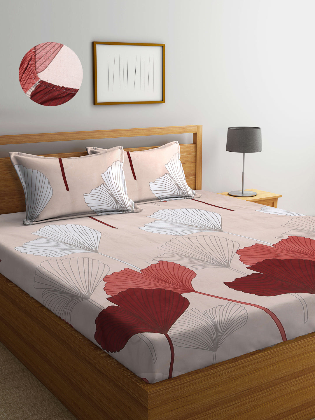 Arrabi Brown Floral TC Cotton Blend King Size Fitted Bedsheet with 2 Pillow Covers (250 X 215 Cm )