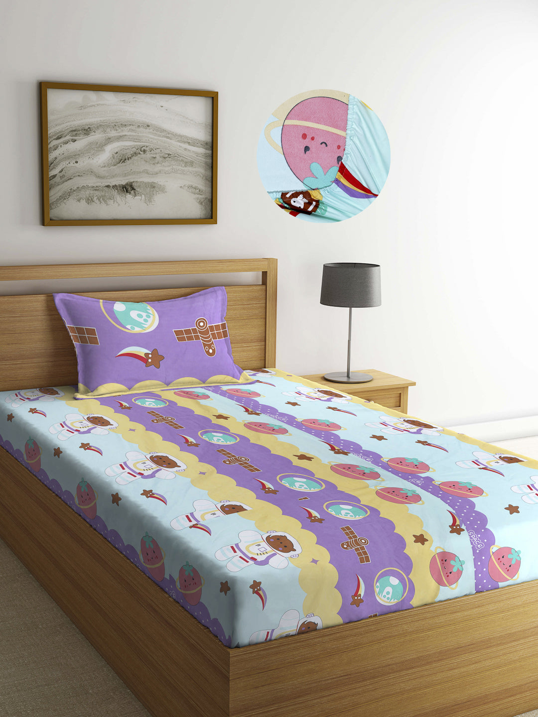 Arrabi Multi Cartoon TC Cotton Blend Single Size Fitted Bedsheet with 1 Pillow Cover (220 x 150cm)