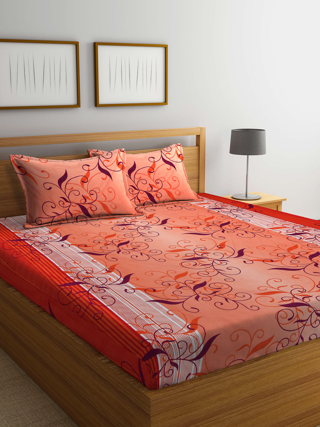 Arrabi Orange Indian TC Cotton Blend King Size Bedsheet with 2 Pillow Covers (250 X 220 cm)