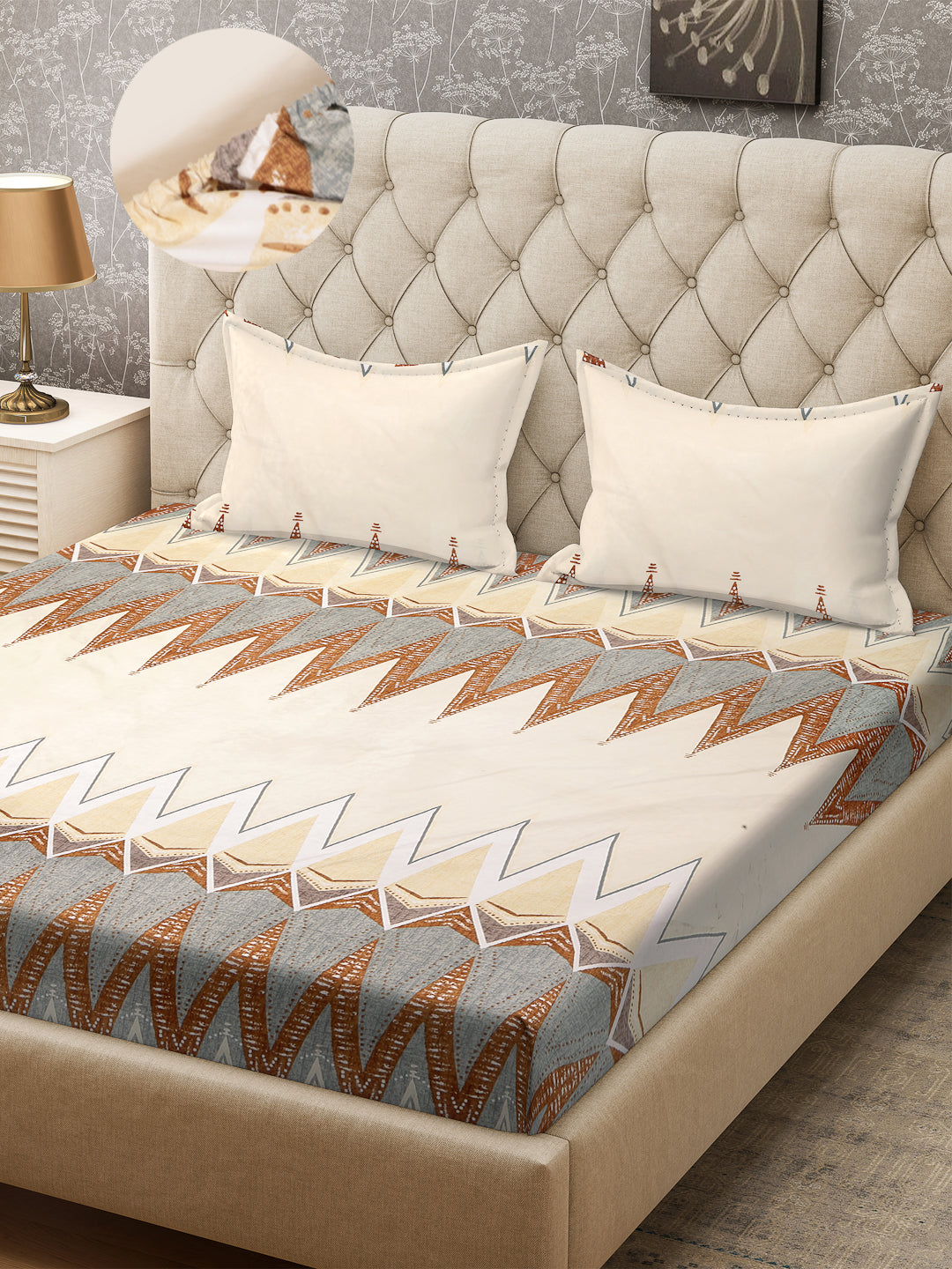 Arrabi Multi Geometric TC Cotton Blend Double King Size Fitted Bedsheet with 2 Pillow Covers (260 X 260 cm)