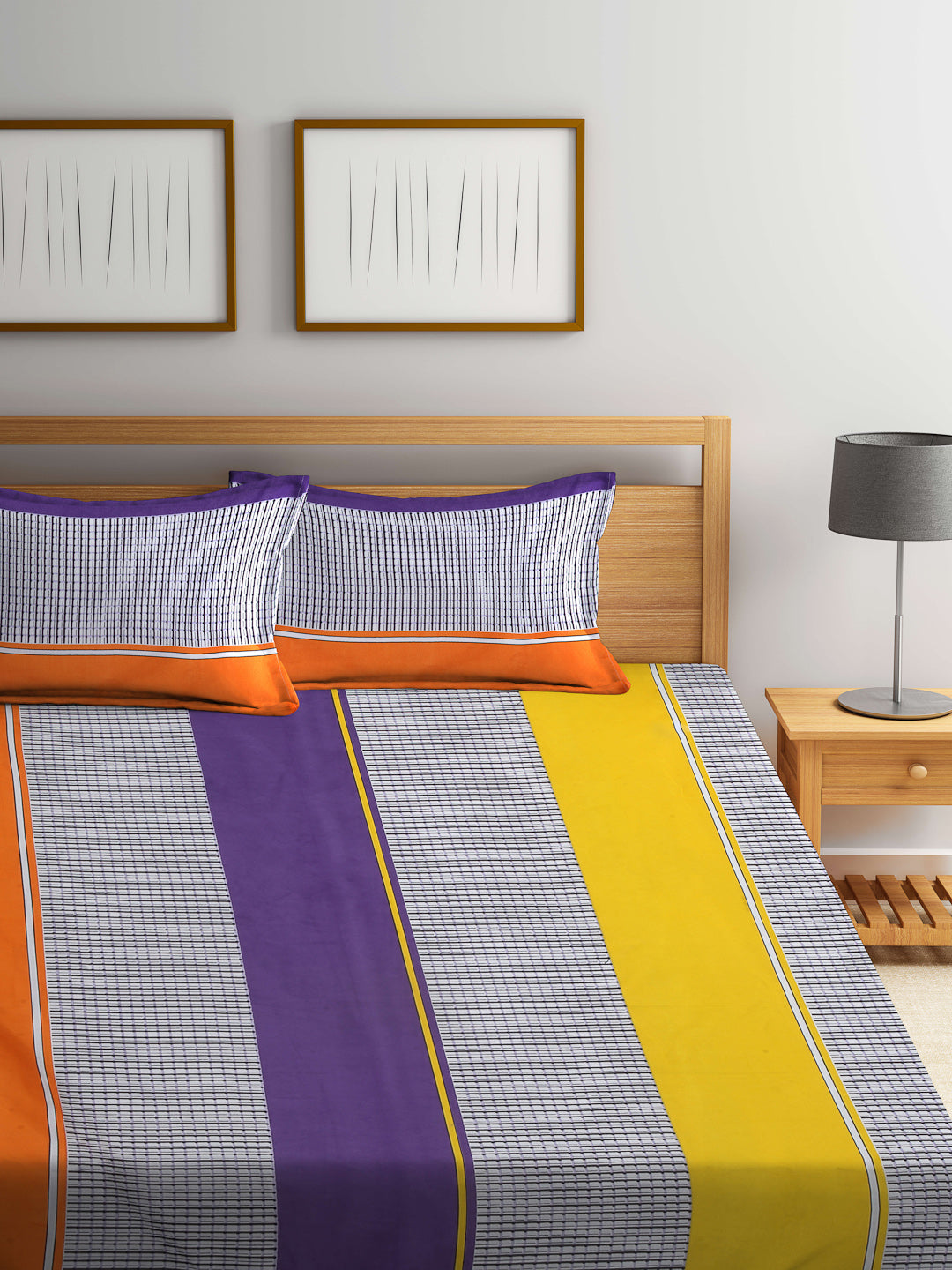 Arrabi Multi Geometric TC Cotton Blend King Size Fitted Bedsheet with 2 Pillow Covers (250 X 215 Cm )