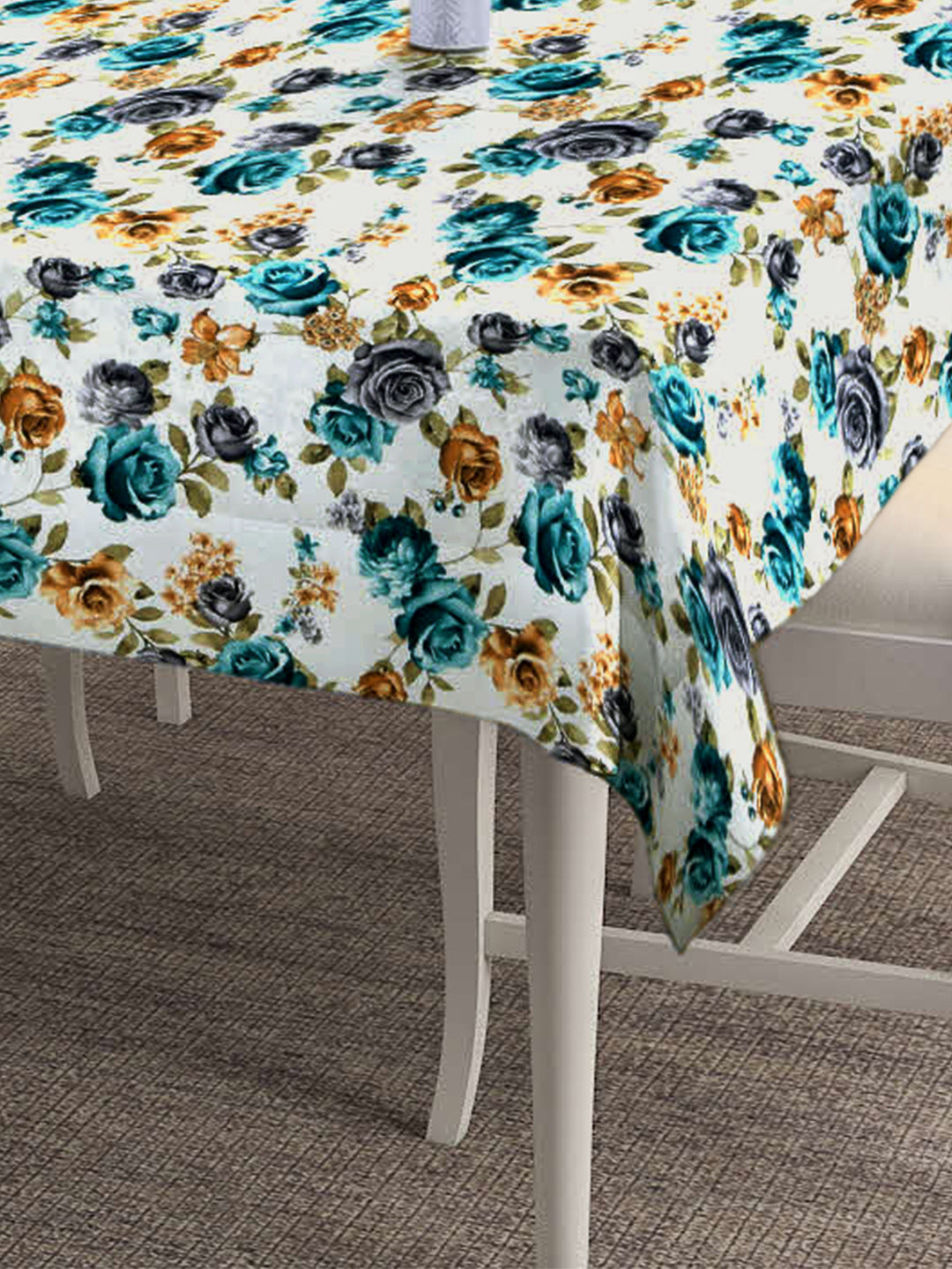 Arrabi White Floral TC Cotton Blend 6 Seater Table Cover (180 x 130 cm)