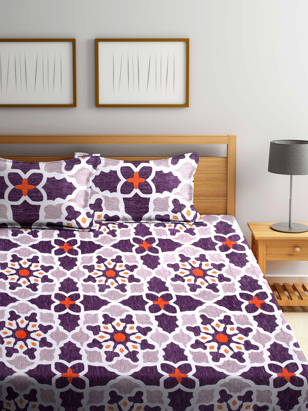 Arrabi Multi Indian TC Cotton Blend Double Size Bedsheet with 2 Pillow Cover