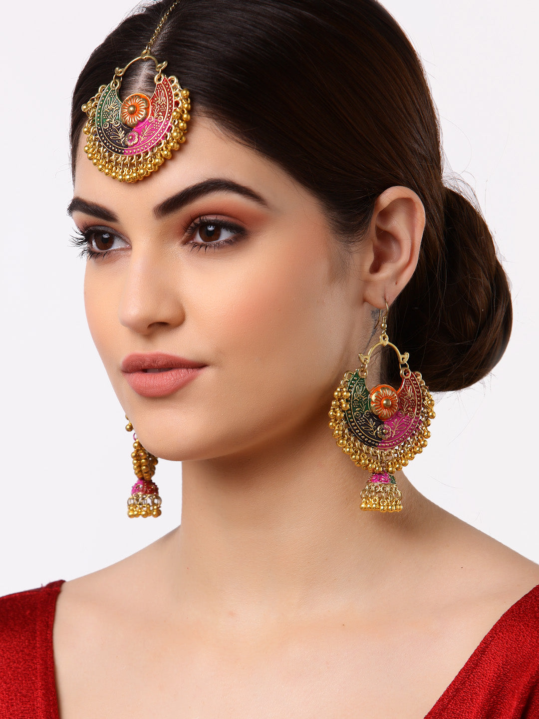 Arrabi Multi Oxidised Kundan Studded Maang Tika & Earrings Set (17 cm)