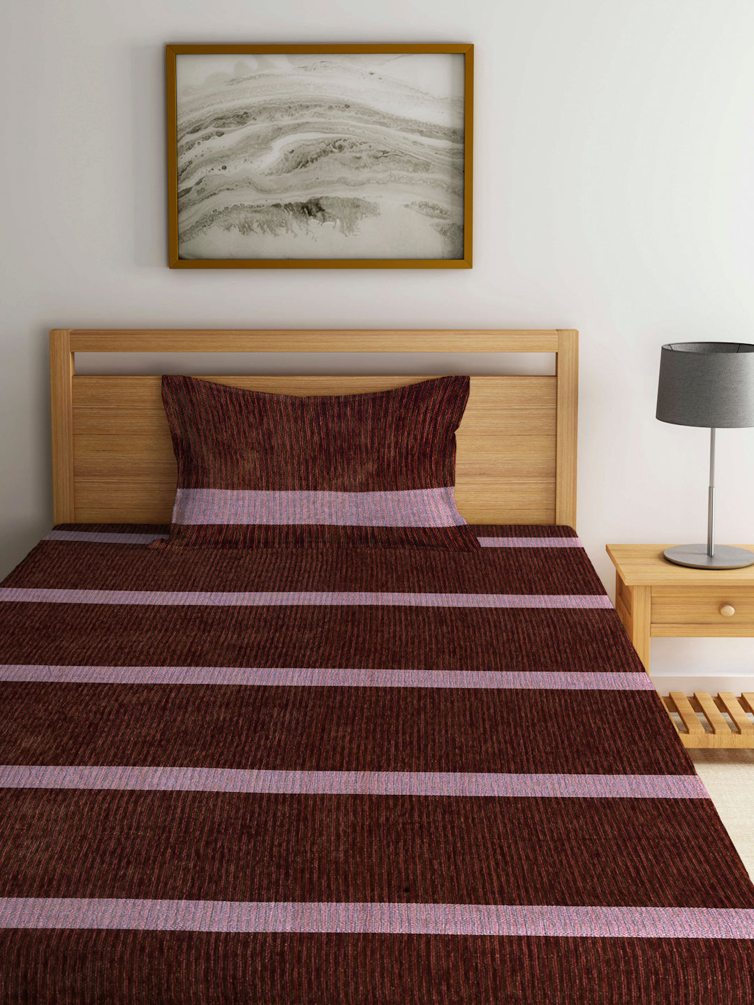 Arrabi Brown Stripes Handwoven Cotton Single Size Bedsheet with 1 Pillow Cover ( 225 X 150 cm)