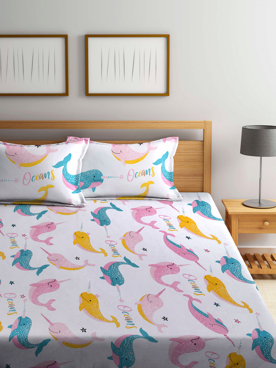 Arrabi White Cartoon TC Cotton Blend Double Size Bedsheet with 2 Pillow Cover