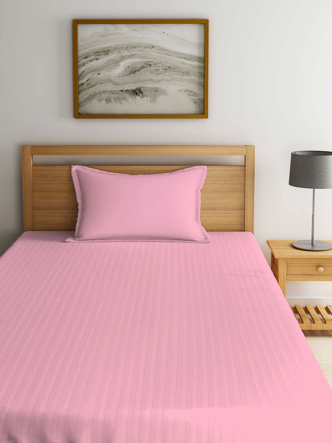 Arrabi Pink Stripes TC Cotton Blend Single Size Fitted Bedsheet with 1 Pillow Cover (220 X 150 cm)