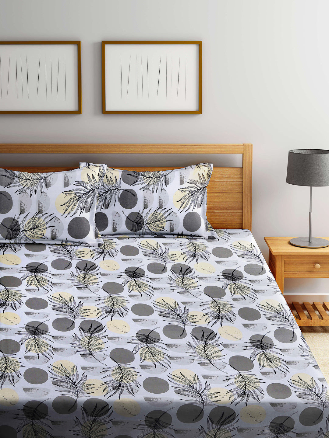 Arrabi Grey Floral 100% Cotton King Size Double Bedsheet with 2 Pillow Covers (250 X 215 cm)