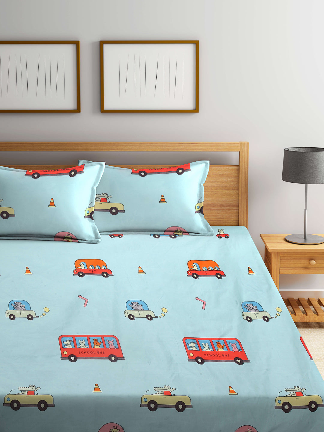 Arrabi Blue Cartoon TC Cotton Blend Double Size Bedsheet with 2 Pillow Covers (250 x 215 cm)