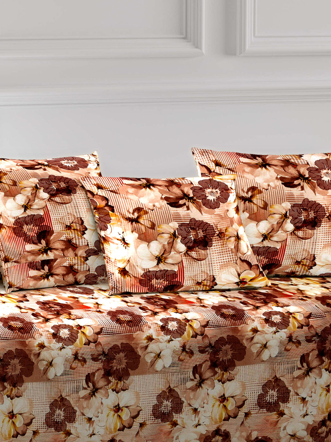 Arrabi Brown Set of 6 Floral Handwoven Chenille Diwan Set (225 x150 cm)
