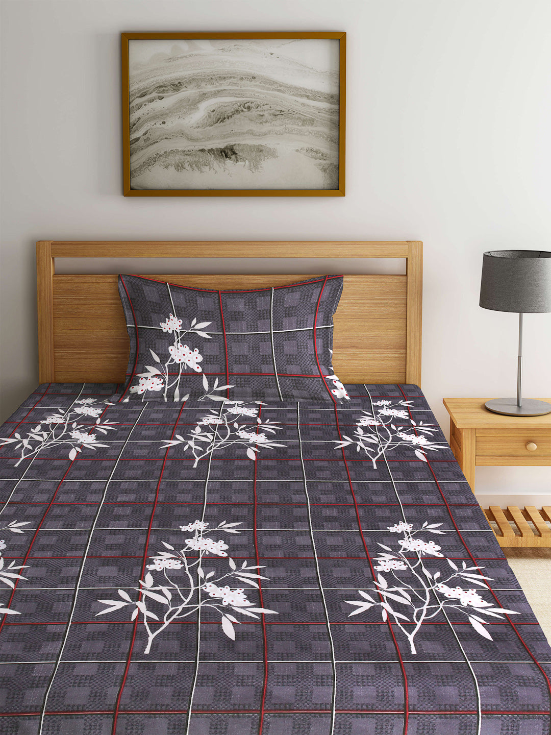 Arrabi Grey Floral TC Cotton Blend Single Size Fitted Bedsheet with 1 Pillow Cover (220 X 150 cm)