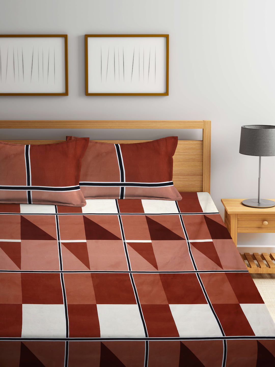 Arrabi Brown Geometric TC Cotton Blend Super King Size Fitted Bedsheet with 2 Pillow Covers(270 X 260 Cm )