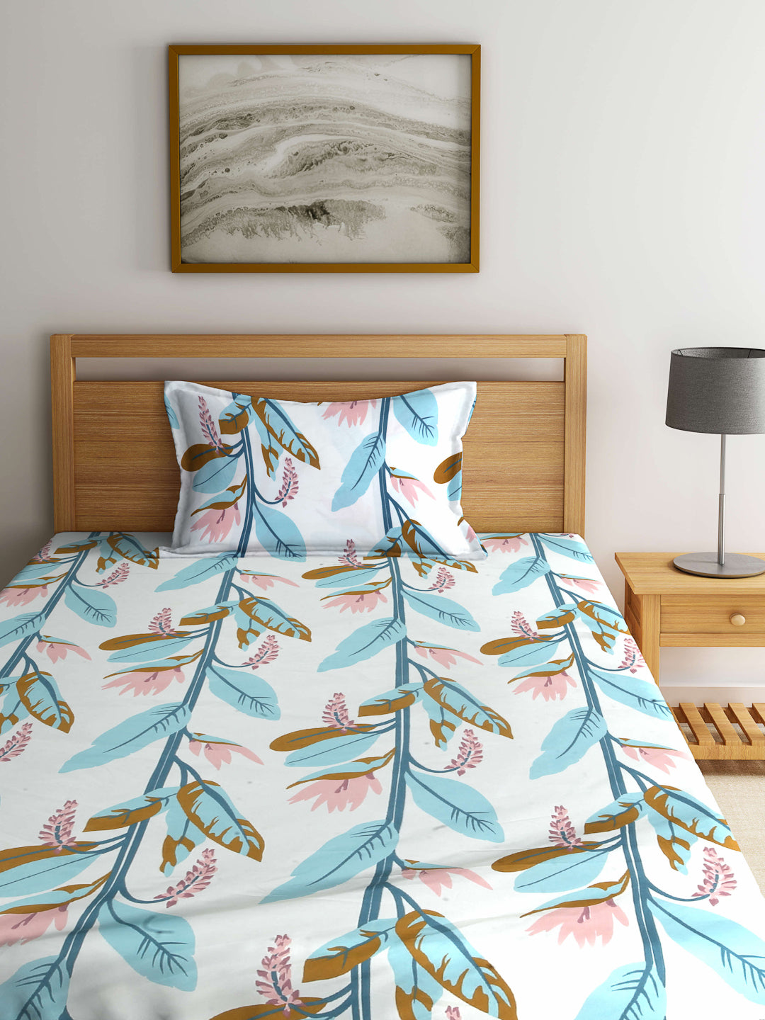 Arrabi Multi Leaf TC Cotton Blend Single Size Fitted Bedsheet with 1 Pillow Cover (220 X 150 cm)