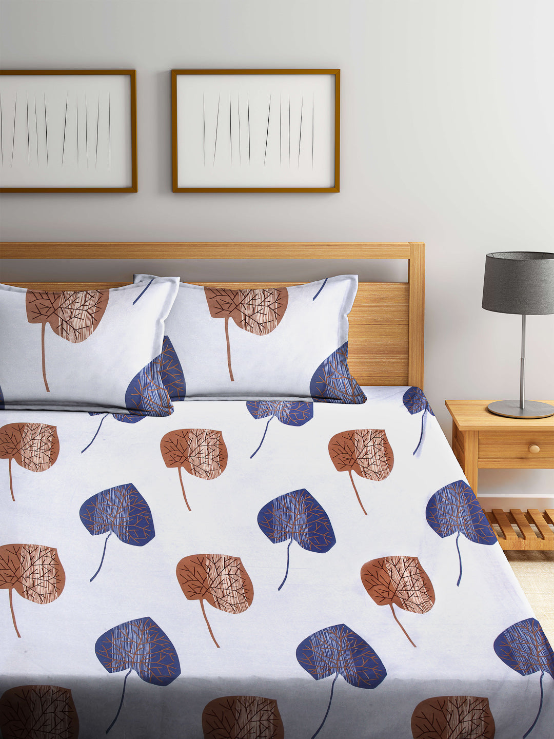 Arrabi Blue Leaf TC Cotton Blend Double Size Fitted Bedsheet with 2 Pillow Cover ( 250 x 225 cm)