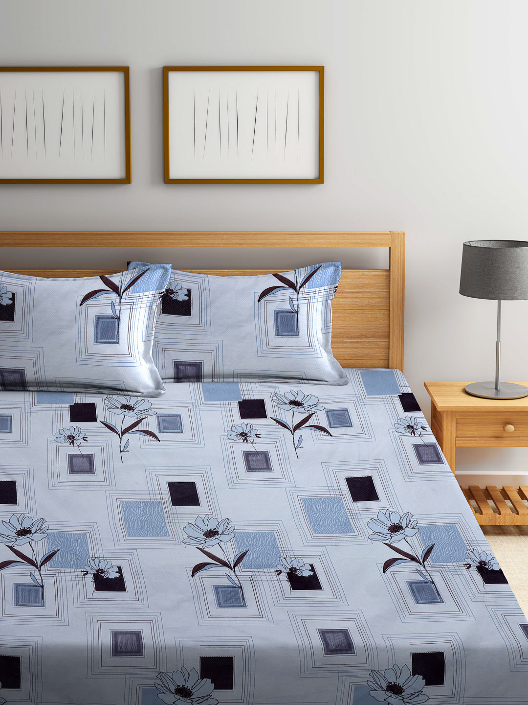 Arrabi White Floral TC Cotton Blend King Size Bedsheet with 2 Pillow Covers (250 X 220 cm)