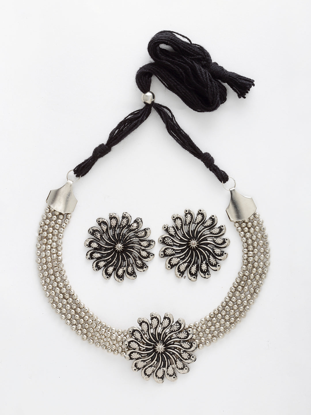 Arrabi Metallic Oxidised Jewellery Set with 2 Earrings (40 cm)