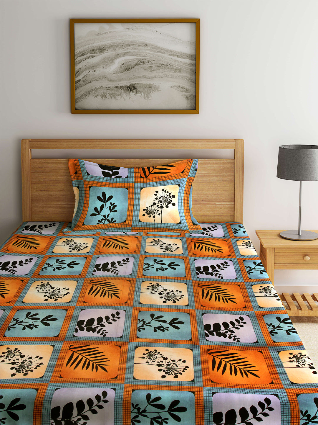 Arrabi Multi Floral TC Cotton Blend Single Size Fitted Bedsheet with 1 Pillow Cover (220 X 150 cm)