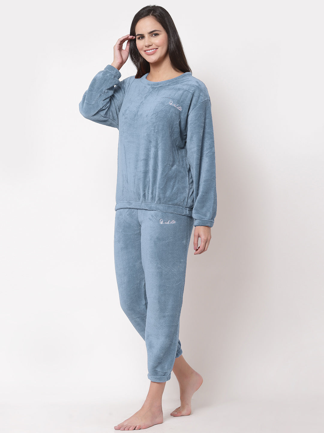 Arrabi Women SkyBlue Wool Blend Solid Winter Night Suit