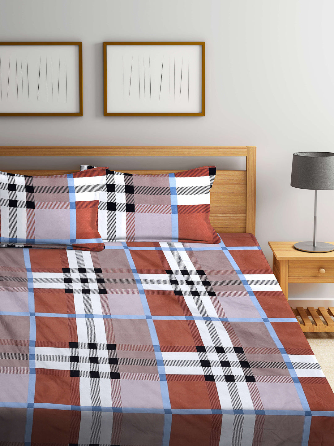 Arrabi Multi Checks TC Cotton Blend King Size Fitted Bedsheet with 2 Pillow Covers (250 X 220 Cm )