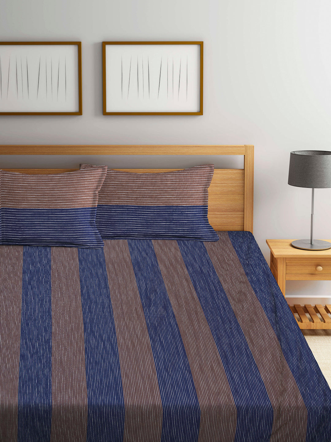 Arrabi Multi Stripes Handwoven Cotton Super King Size Bedsheet with 2 Pillow Covers (270 X 260 cm)