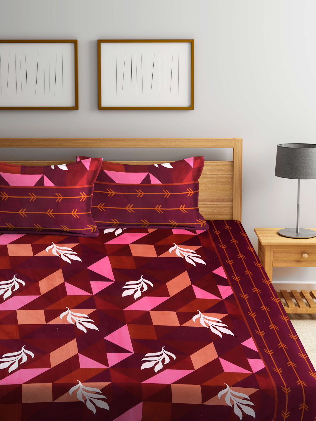 Arrabi Multi Leaf TC Cotton Blend King Size Fitted Bedsheet with 2 Pillow Covers(250 X 215 Cm )