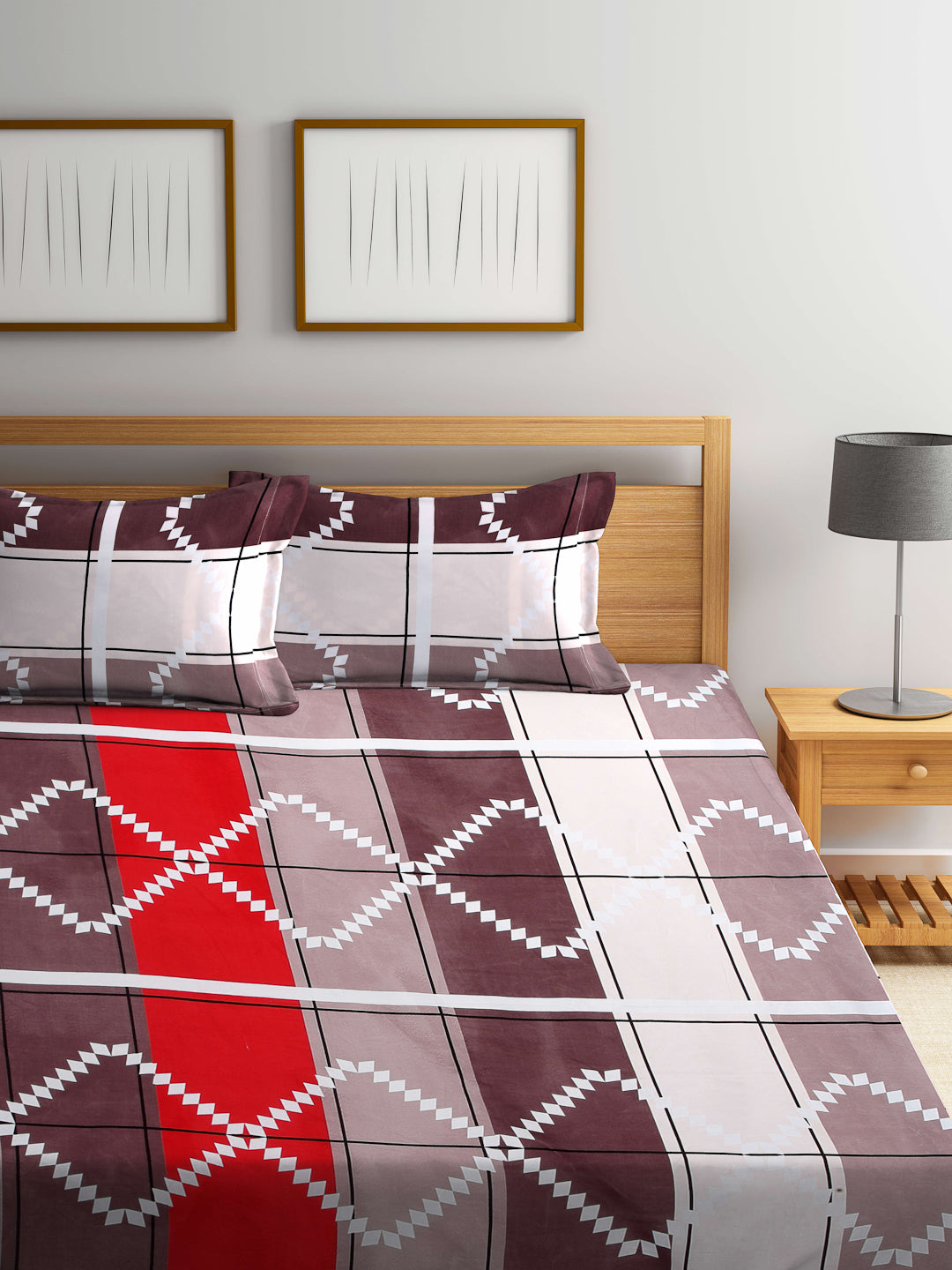 Arrabi Multi Geometric TC Cotton Blend King Size Bedsheet with 2 Pillow Covers (250 X 220 cm)