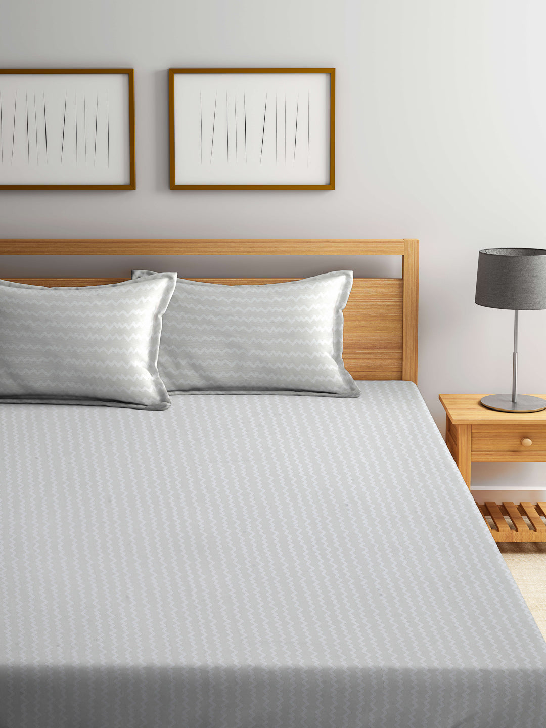 Arrabi Grey Stripes TC Cotton Blend King Size Bedsheet with 2 Pillow Covers (250 X 215 cm)