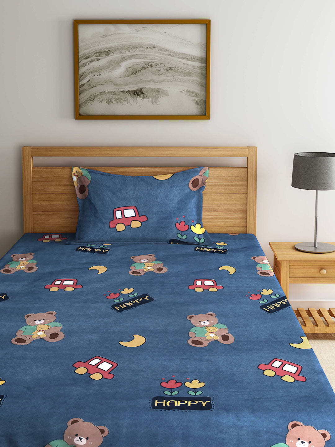 Arrabi Blue Cartoon TC Cotton Blend Single Size Fitted Bedsheet with 1 Pillow Cover (220 X 150 cm)