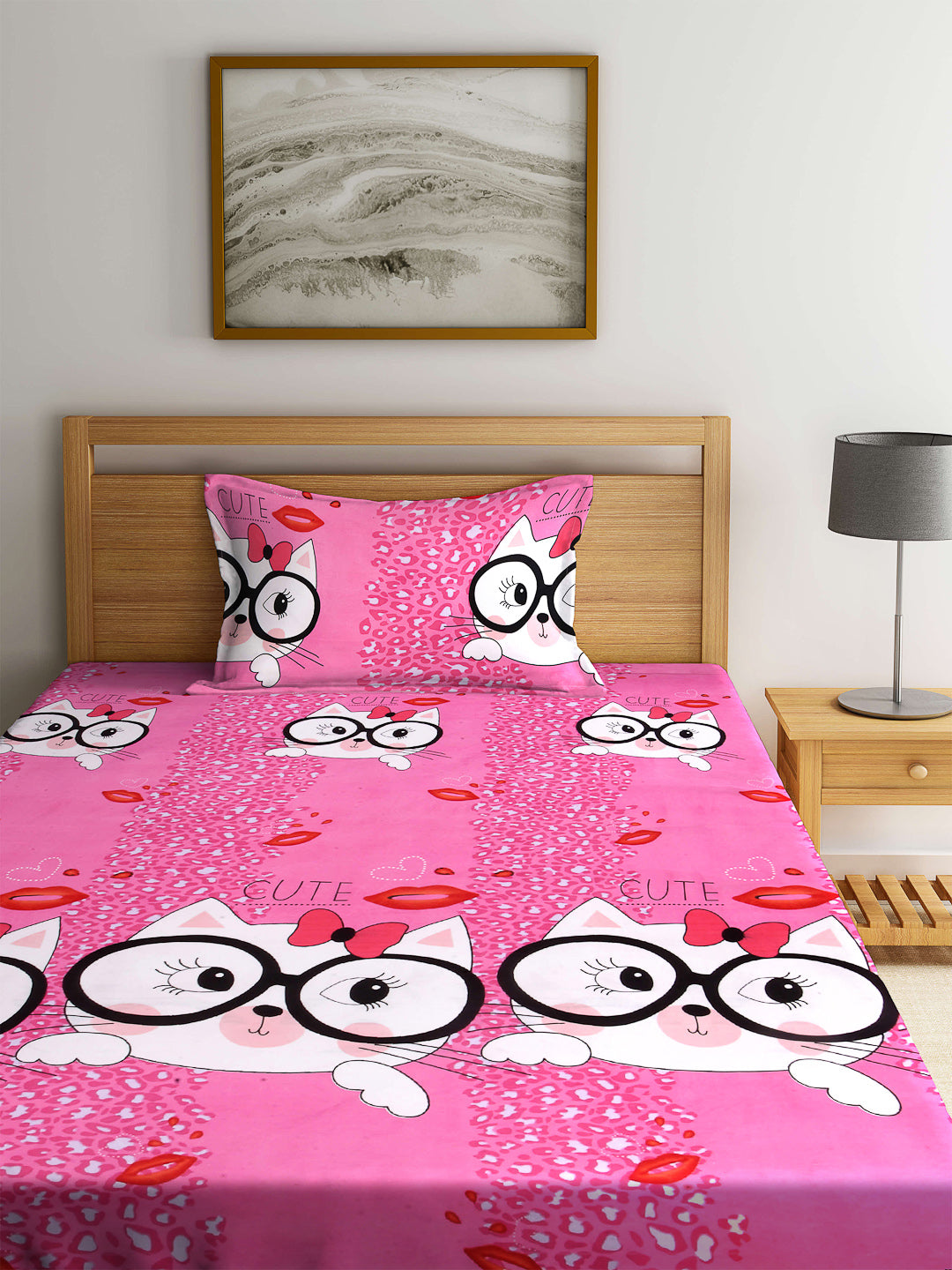 Arrabi Pink Graphic TC Cotton Blend Single Size Fitted Bedsheet with 1 Pillow Cover (220 X 150 cm)