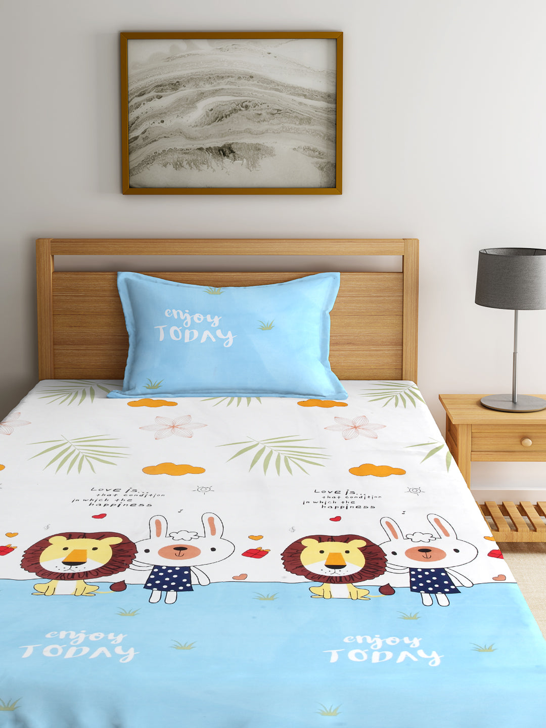 Arrabi Multi Cartoon TC Cotton Blend Single Size Fitted Bedsheet with 1 Pillow Cover (220 X 150 cm)