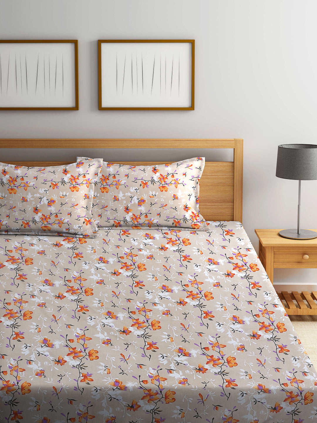 Arrabi Beige Floral TC Cotton Blend Double Size Bedsheet with 2 Pillow Covers (250 x 220 cm)