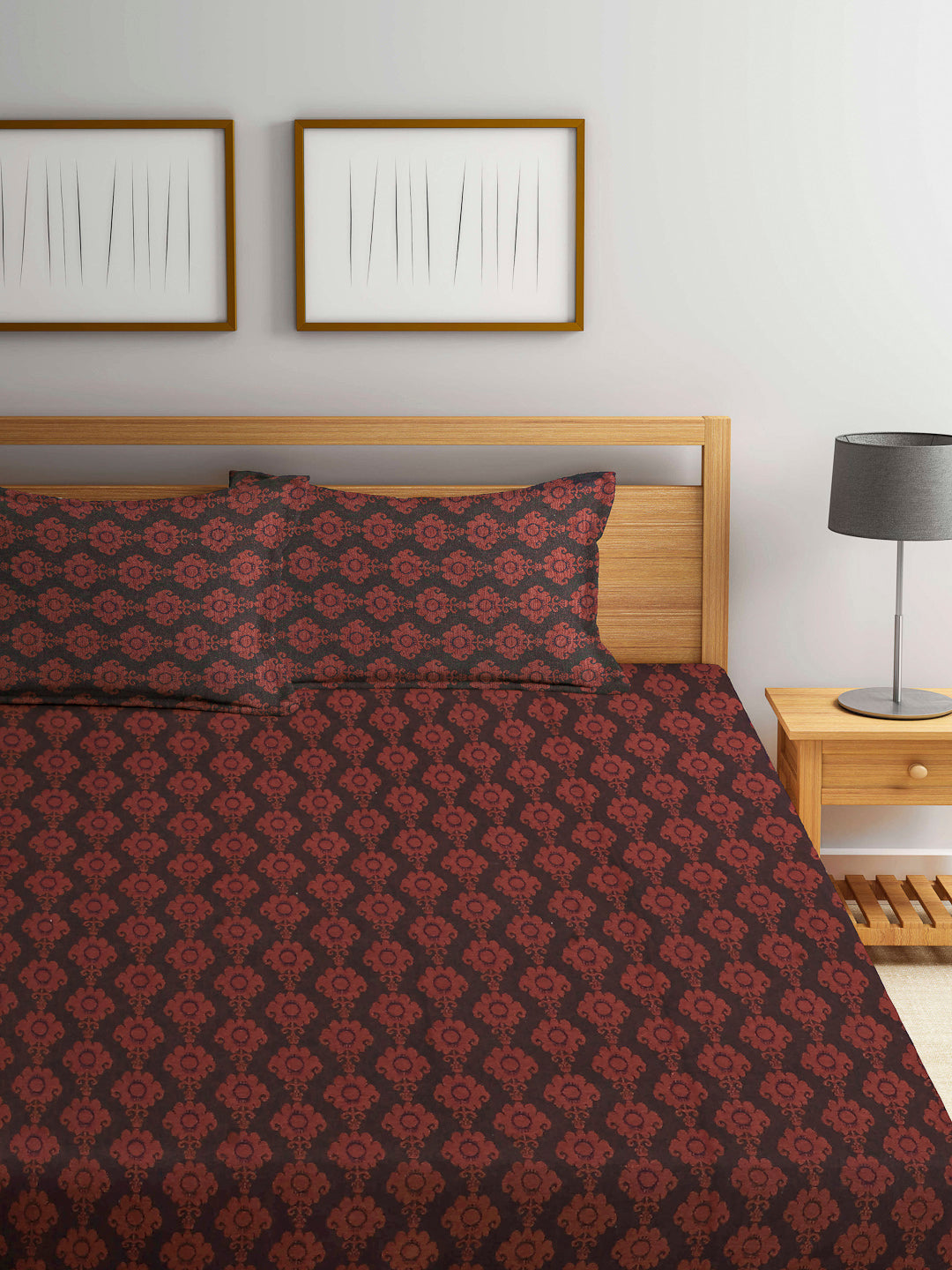 Arrabi Brown Indian Handwoven Cotton King Size Bedsheet with 2 Pillow Covers (260 X 230 cm)