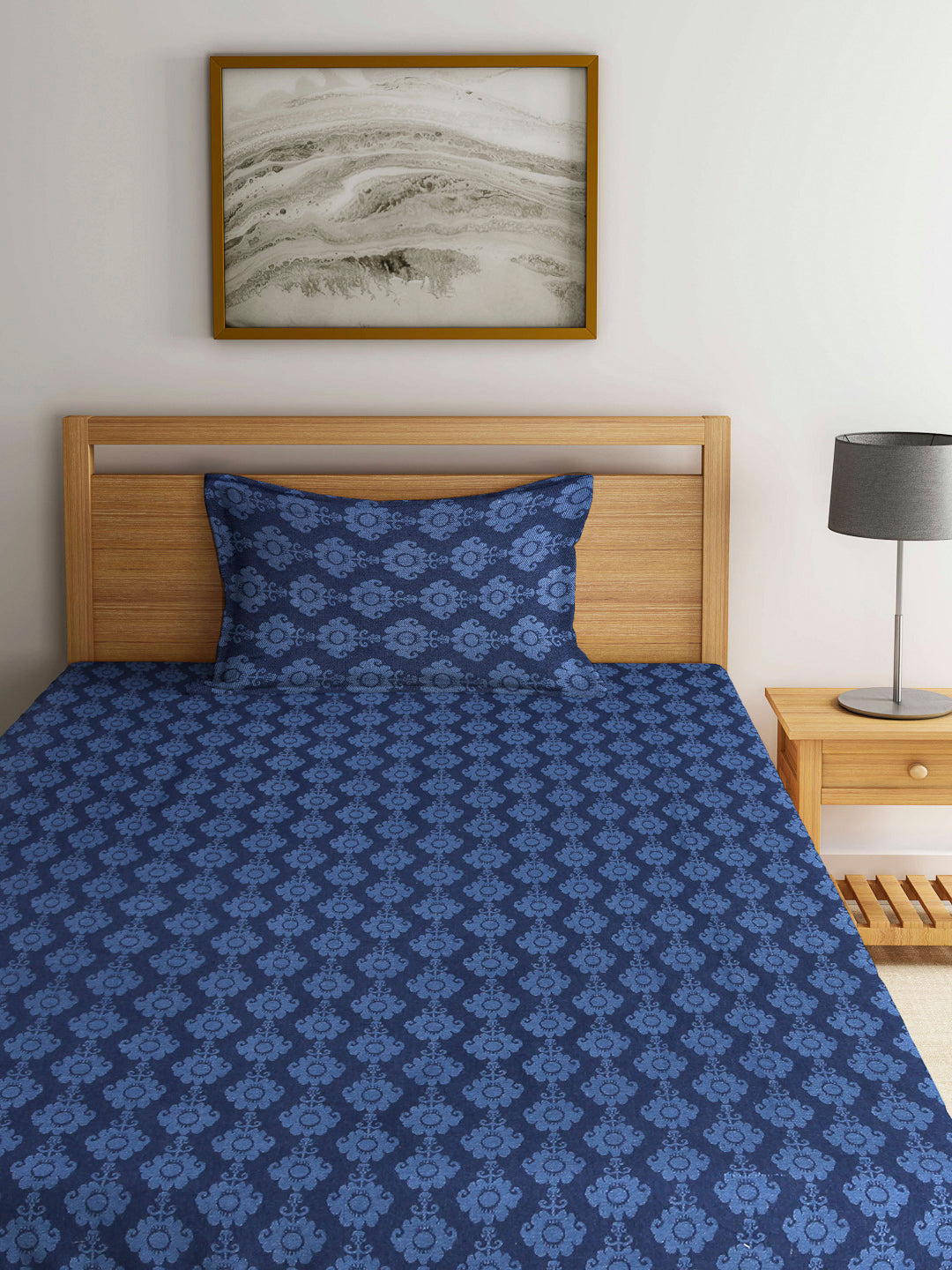 Arrabi Blue Indian Handwoven Cotton Single Size Bedsheet with 1 Pillow Cover (230 X 150 cm)