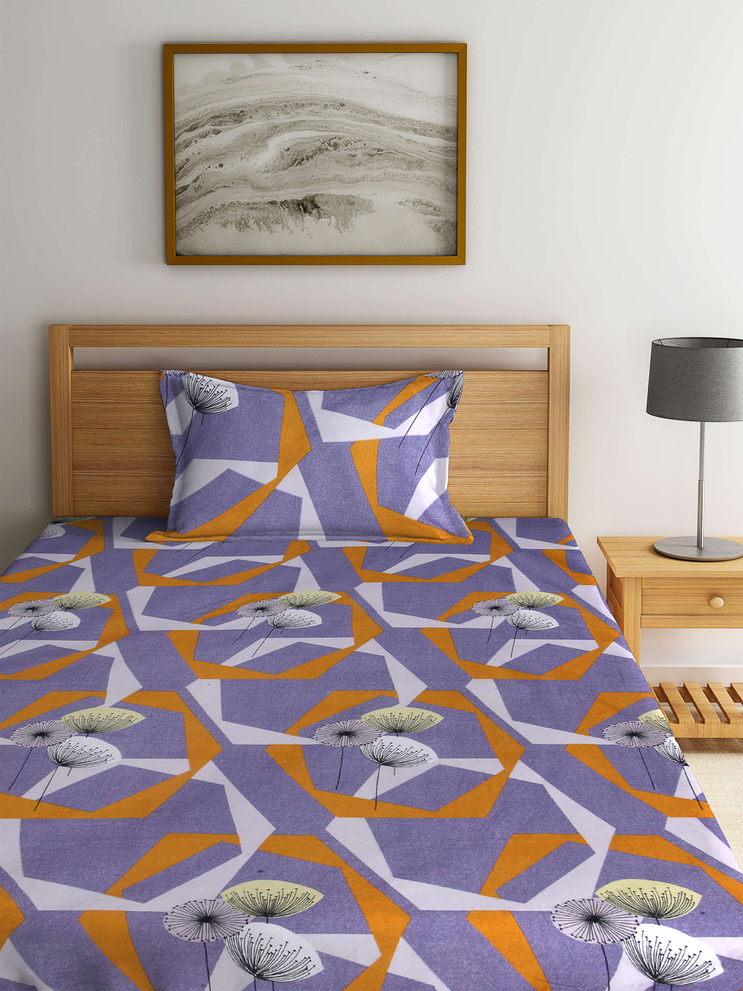 Arrabi Grey Graphic TC Cotton Blend Single Size Fitted Bedsheet with 1 Pillow Cover (220 X 150 cm)
