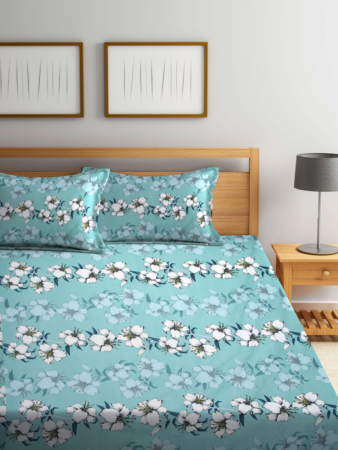 Arrabi Green Floral TC Cotton Blend King Size Bedsheet with 2 Pillow Covers (250 X 215 cm)