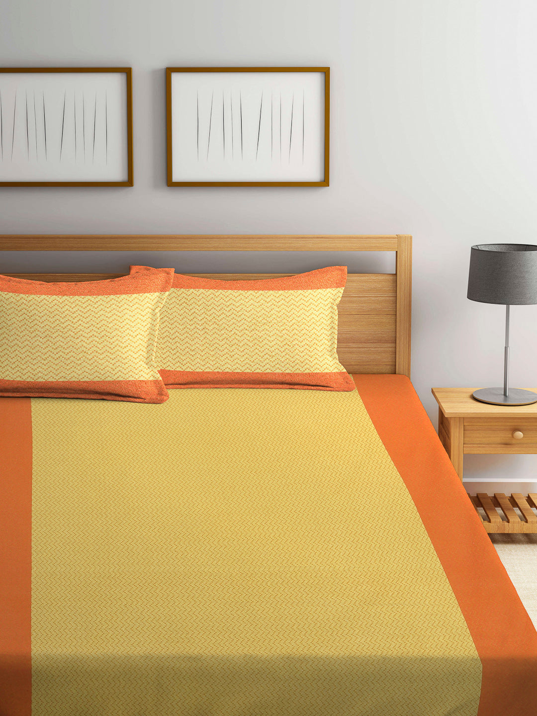 Arrabi Orange Stripes Handwoven Cotton King Size Bedsheet with 2 Pillow Covers (260 X 230 cm)