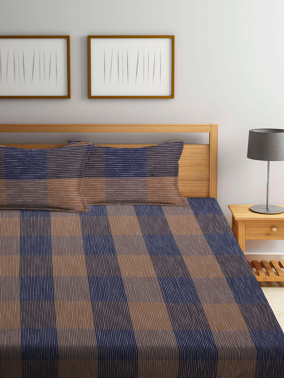 Arrabi Multi Checks Handwoven Cotton Super King Size Bedsheet with 2 Pillow Covers (270 X 260 cm)