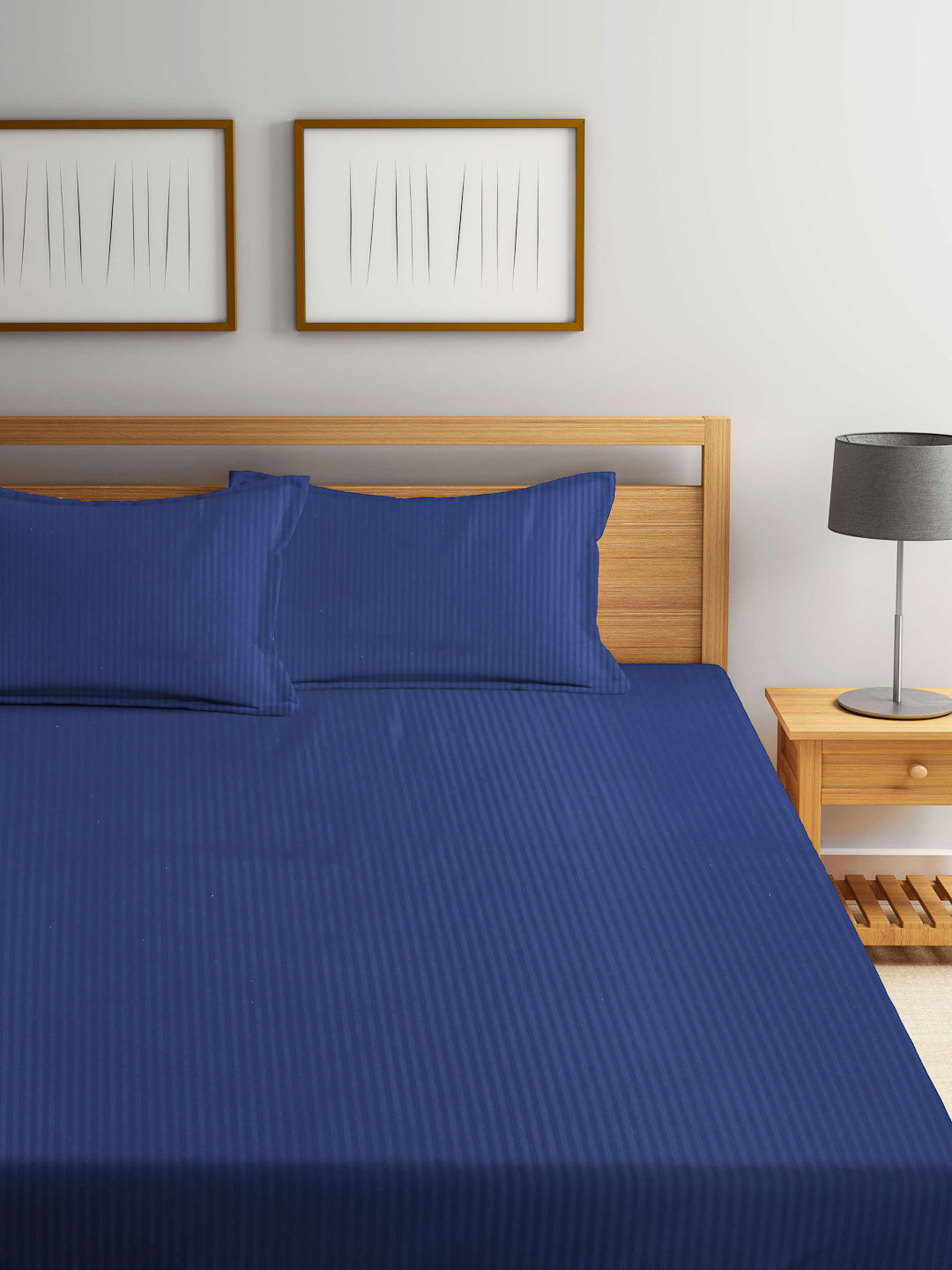 Arrabi Blue Stripes TC Cotton Blend Super King Size Bedsheet with 2 Pillow Covers (270 X 260 cm)